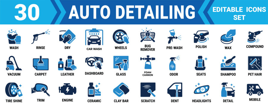 Set of 30 professional auto detailing service icons for car cleaning maintenance and vehicle care Minimal solid icon set bundle collection. Editable Vector Illustration Mega pack