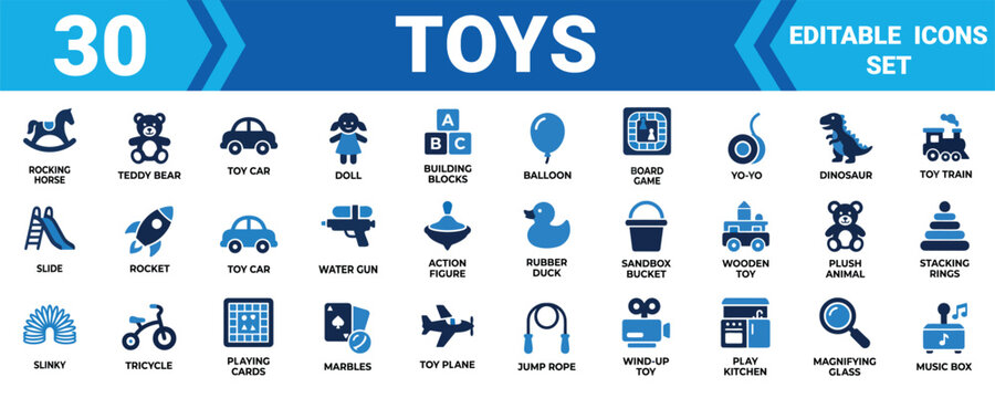 Set of 30 flat blue toys icons for children games and kids entertainment featuring various play items Minimal solid icon set bundle collection. Editable Vector Illustration Mega pack