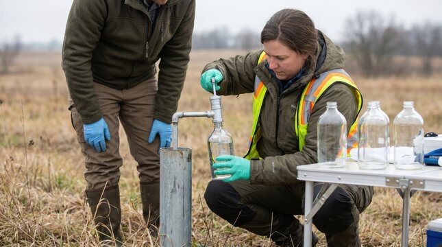 Environmental scientists taking water samples from a groundwater well
