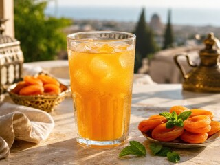 Fototapeta premium Syrischer Qamar al-Din aus Aprikosen, eisgekühlt im Glas und mit getrockneten Früchten dekoriert. Fruchtiges Traditionsgetränk in sommerlicher Atmosphäre.