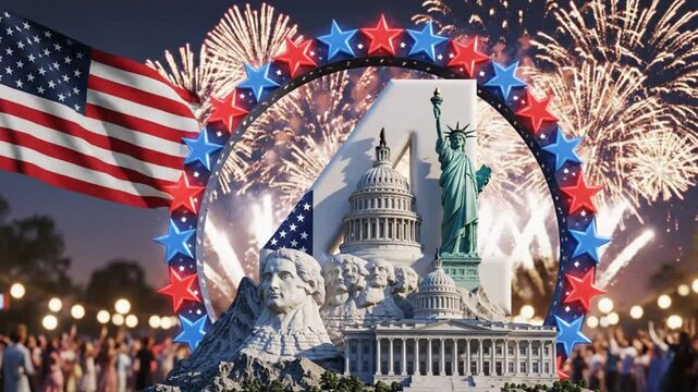 4th of july independence day celebration with american flag, statue of liberty, capitol building, and mount rushmore fireworks display