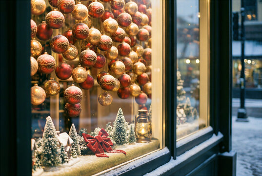 Shimmering holiday shopfront featuring a collection of baubles and tinsel like spheres. These festive trinkets and xmas balls create a warm glow against the snowy street view.