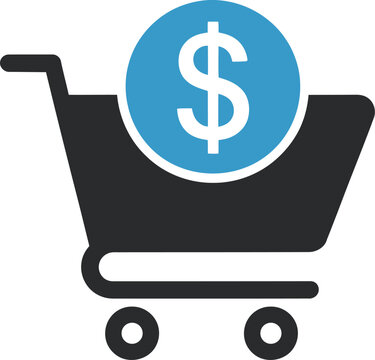 Black shopping cart icon with a blue dollar coin sign representing online payment and e-commerce retail business transactions