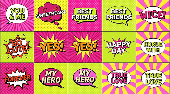 Vector illustration of colorful best friends stickers with happy day phrases