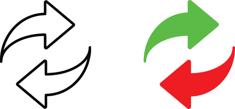 Set of two circular arrow icons with outline and solid green and red colors for refresh and reload web interface design elements