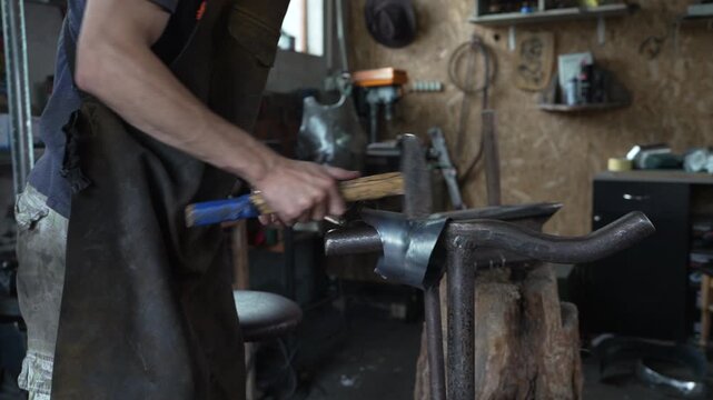 Blacksmith hammering and shaping sheet metal on stake anvil