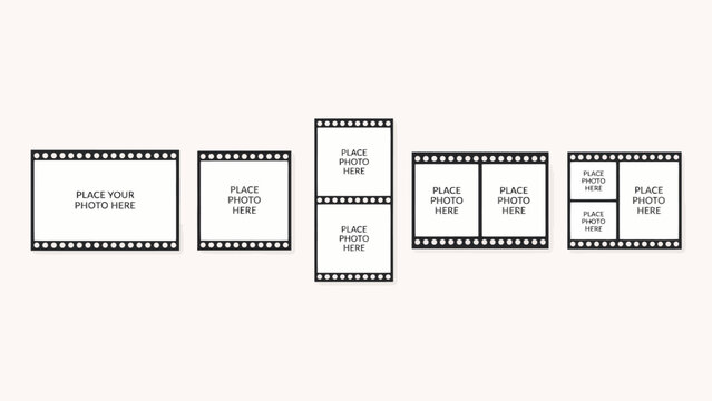Vintage film strip photo frames with placeholders for images . Vector flat illustration.