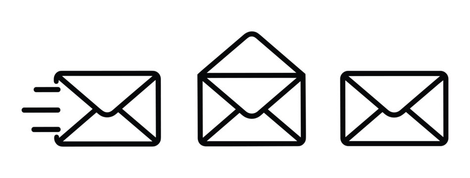 Email Icons Collection. A set of three black and white line art icons representing different stages of email communication: sending, opening, and delivered.