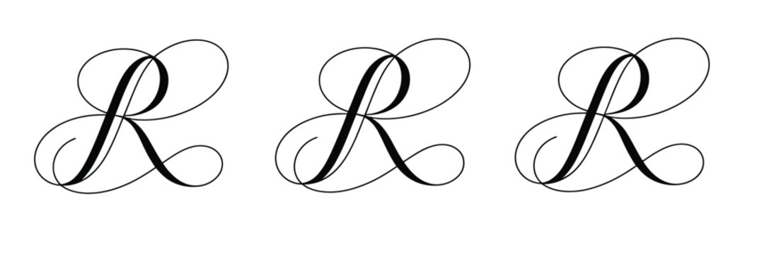 Letter R calligraphy monogram collection, stylish cursive alphabet icons with ornamental script lines for luxury branding and personal signatures.