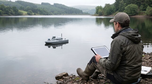 Researcher operating an autonomous water drone on a lake using a rugged tablet