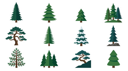 Obraz premium Collection of various green pine tree icons in different styles and shapes on a white background.