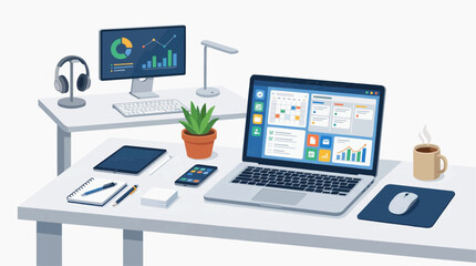 Naklejka premium Modern office desk setup with laptop computer tablet and desktop monitor displaying charts and graphs in white background.