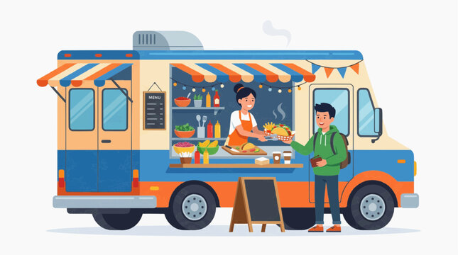 Customer buys tacos from a colorful food truck with a friendly vendor serving delicious street food in white background.