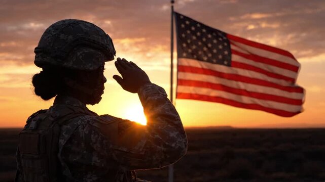 Silhouette of a female soldier in uniform saluting the american flag at sunset