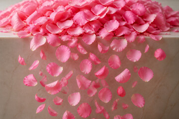 Fototapeta premium Pink rose petals cascading over marble surface and table edge