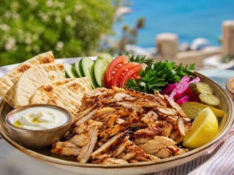 Syrische Shawarma Platte mit zart gegrilltem H&auml;hnchen, Fladenbrot, Gem&uuml;se, Pickles und Knoblauchso&szlig;e. Beliebtes Streetfood der levantinischen K&uuml;che in sonniger Food-Fotografie.