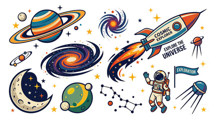 Space Exploration Set: Rocket, Astronaut, Planets, Galaxy, Stars, Moon, Nebula © Yumna