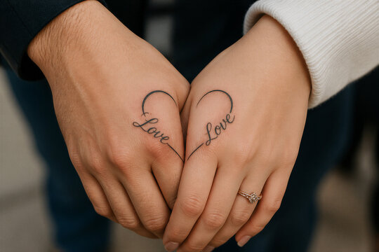 Paired hands showing matching love script finger tattoos