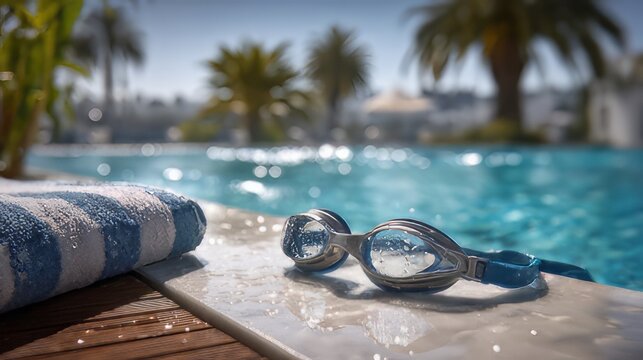 Swimming goggles feature clear lenses and a split silicone strap for a secure fit by the poolside. 