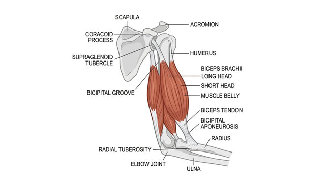 Detailed anatomical illustration of the human arm muscles and bones with labeled parts in a medical educational diagram on a white background.