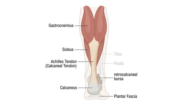 Detailed anatomical illustration of the human lower leg and foot, highlighting muscles, tendons, and bones in a clear and labeled medical diagram.