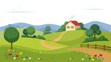 Charming countryside village scene with green meadows, red barn, and winding road Vector