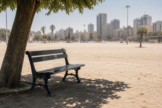 Lonely park bench under the last patch of shade during extreme heat wave in urban city, concept of climate change, scorching summer temperatures and public spaces adaptation