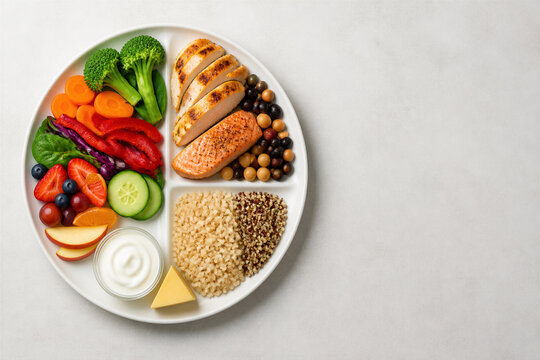 Balanced plate with portioned foods on neutral background