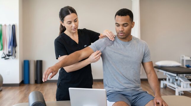 Physical therapist measuring patient shoulder mobility with goniometer