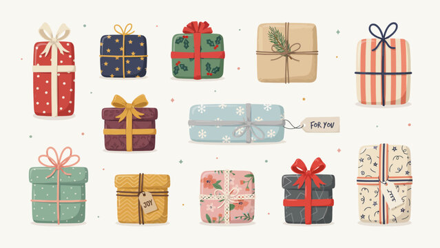 Assorted colorful gift boxes with ribbons and bows for holiday and celebration designs . Vector Flat Illustration.
