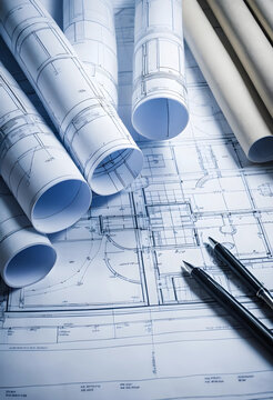 Rolled architectural blueprints on office desk with pens