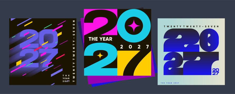 Colorful and modern graphic designs featuring the year 2027 in bold typography. Each design showcases a unique combination of vibrant colors and geometric shapes, creating a dynamic visual impact.
