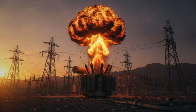 A powerful explosion erupts from an electrical substation transformer at sunset, with electrical pylons and power lines in the background under a dramatic, smoky sky.