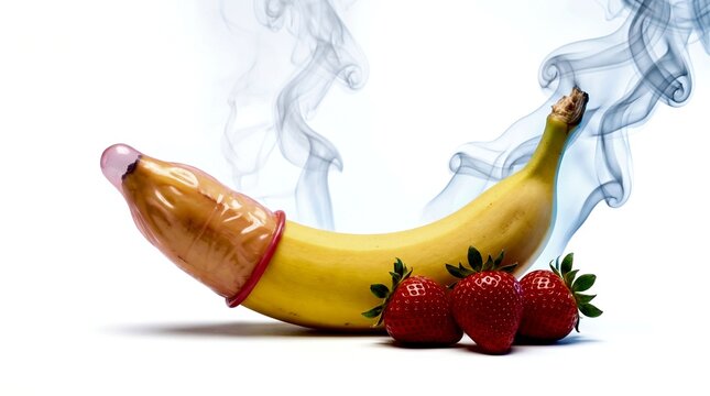 A conceptual studio shot featuring a yellow banana covered with a latex condom next to fresh strawberries under dramatic smoky studio lighting