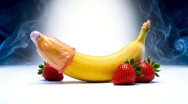 A studio macro photograph of a fresh yellow banana wearing a condom surrounded by red strawberries and dramatic smoke against a bright background
