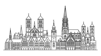 Obraz premium European City Skyline Silhouette Outline Drawing