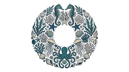 Nautical Wreath with Seahorses, Jellyfish, Octopus, Shells, Starfish © yati