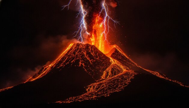 A powerful volcanic eruption at night with flowing lava and bright lightning strikes shooting through the ash plume.