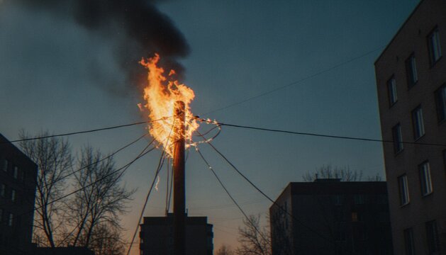 An electrical power pole caught on fire, shooting flames and smoke into the evening sky near urban apartment buildings.