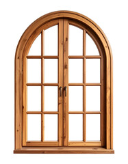 Obraz premium Wooden arched window frame with glass panes featuring classic rustic carpentry construction for residential home architectural interior design renovation projects