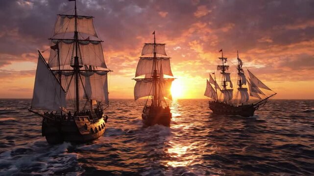 Old three ships sailing in the sea during sunset with clouds and waves around them