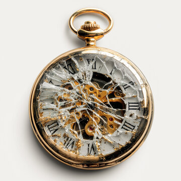 Vintage golden pocket watch with shattered broken glass isolated on white background. Conceptual image representing lost time, deadline, end, destruction or missed opportunity