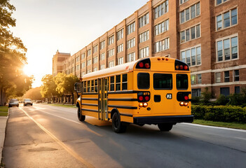 Obraz premium Yellow school bus driving on street at golden hour