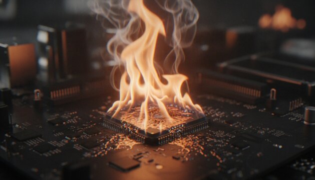 A close-up view of a computer circuit board with a processor chip engulfed in bright orange flames, symbolizing hardware failure, overheating, or a security threat.