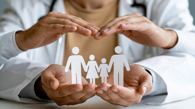 Medical doctor hands protecting white paper family cutout figure, symbolizing health insurance, general practice medicine, family care and professional protection