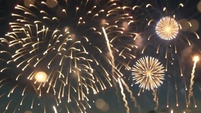 Bright golden fireworks exploding in the night sky during a celebration