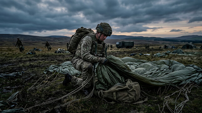 Soldier folding parachute after jump on military training field  