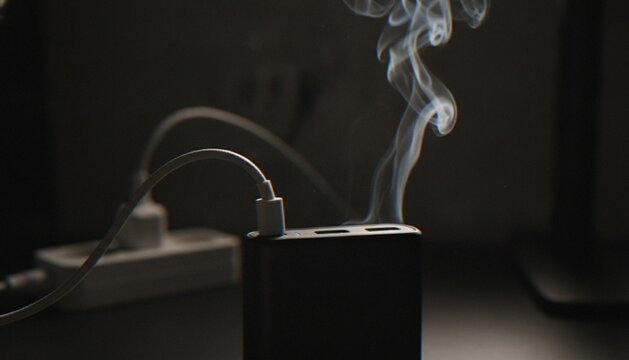 A close-up shot of a portable power bank smoking, indicating a battery fire or electrical malfunction, while plugged into a charger on a dark desk.