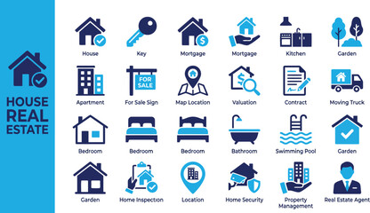 Naklejka premium Real Estate and Housing Market Infographic Icon Set with Property Business Vector Glyphs in Blue