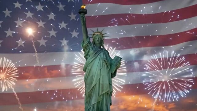 Statue of liberty with american flag overlay and fireworks display at sunset